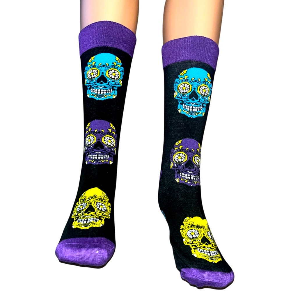 Sugar Skull Day Of The Dead Novelty Crew Socks Unisex Purple, Blue, Yellow NWT